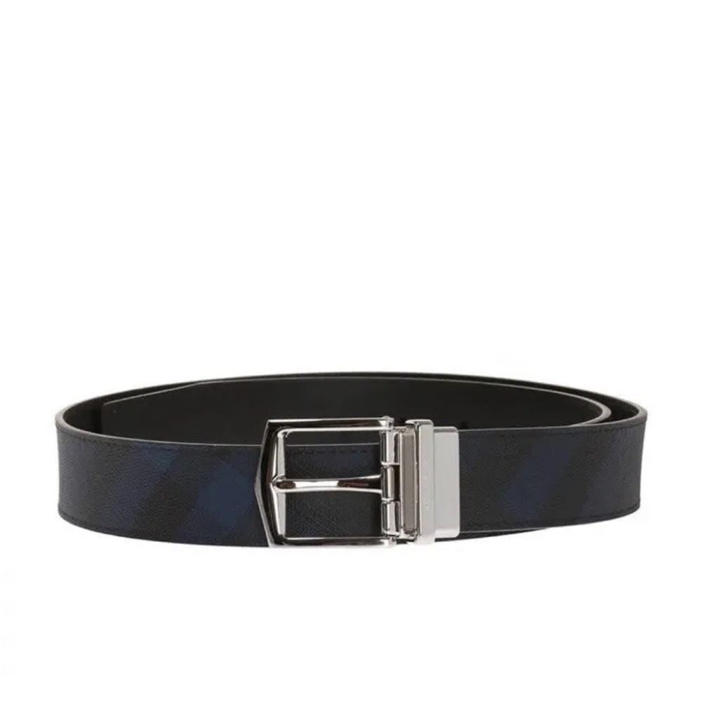 NWT BURBERRY Reversible London Check Belt Navy Black Leather Silver Buckle 30/75 - Picture 2 of 4